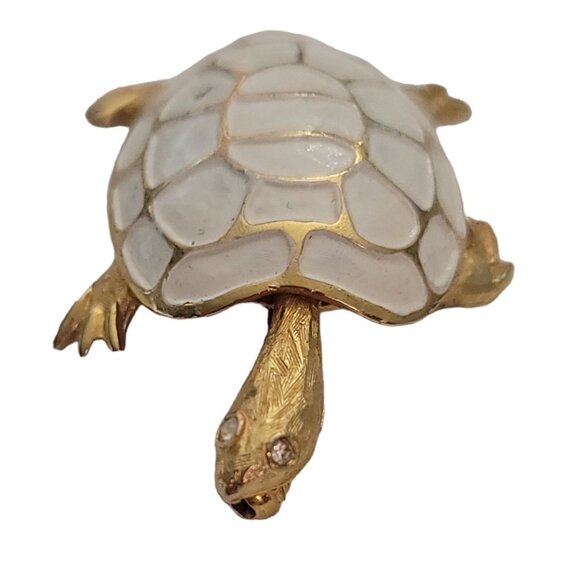 Vintage Gold Tone White Enamel Clear Rhinestone Turtle Brooch Pin E896 - Picture 5 of 8